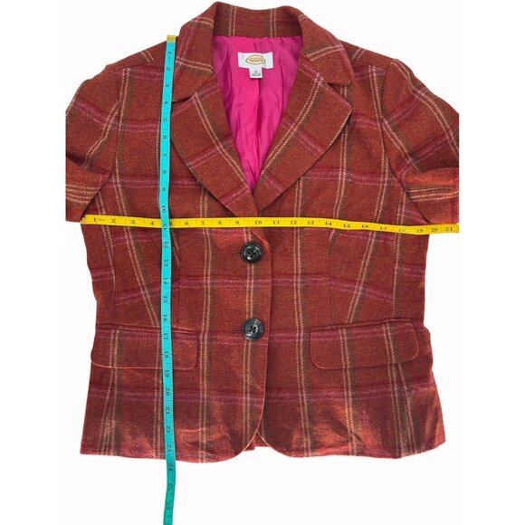 Talbots Womens 12 100% Wool Blazer Rust Orange Pink Plaid Peplum Back Academia - Picture 9 of 10
